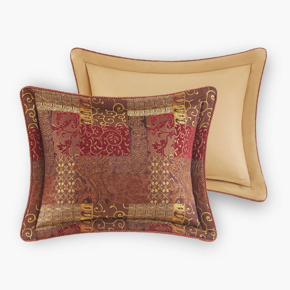 Queen Red Microfiber Patchwork Comforter Set with Shams and Bed Skirt