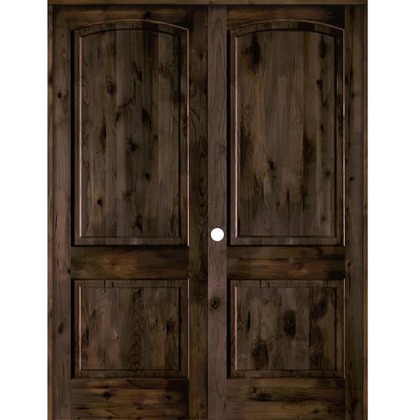 56 in. x 96 in. Rustic Knotty Alder 2-Panel Right Handed Black Stain Wood Double Prehung Interior Door with Arch-Top