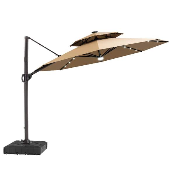 11 ft.Solar Lighted Cantilever Patio Umbrella with 350 lbs. Wheeled Base Double Top Outdoor Offset Umbrella in Tan Brown