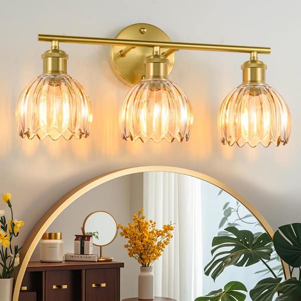 19.29 in. 3-Light Modern Gold Bathroom Vanity Light with Amber Tulip Glass Shade