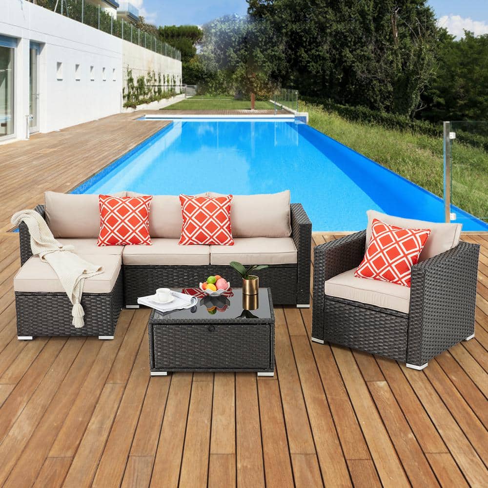 4 Piece Wicker Outdoor Sectional Sofa Set in Khaki Cushions, for Garden, La