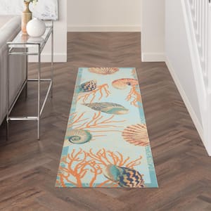 Sun N' Shade Light Blue 2 ft. x 8 ft. Floral Geometric Contemporary Indoor/Outdoor Kitchen Runner Area Rug