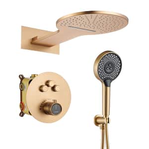 Single Handle 3-Spray 2-function Luxury Thermostatic Dual Shower Faucet 2.5 GPM with Waterfall in. Brushed Gold