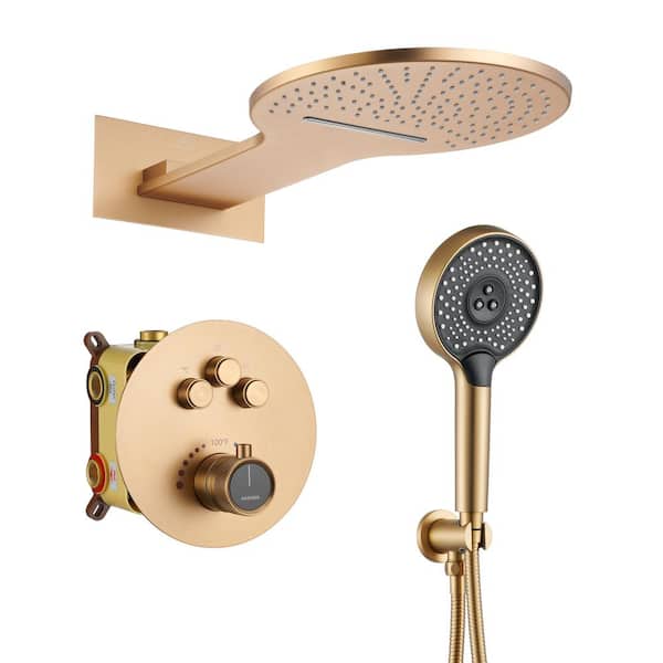 CASAINC Single Handle 3-Spray 2-function Luxury Thermostatic Dual Shower Faucet 2.5 GPM with Waterfall in. Brushed Gold
