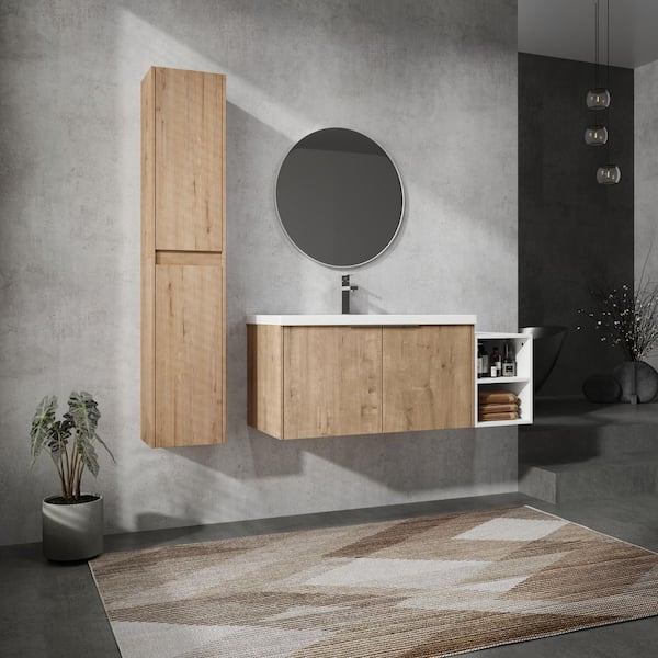 Combined 47.4 in. W X 18.1 in. D x 19.3 in. H Floating Bath Vanity in Imitative Oak with White Resin Vanity Top