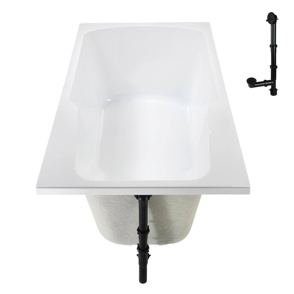 60'' Glossy White Acrylic Drop-In Soaking Bathtub with Matte Black Drain