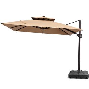 11 ft. x 11 ft. 2-Tier Square Metal Outdoor Cantilever Umbrella Offset 360° Rotation Patio Umbrella in Tan with Base