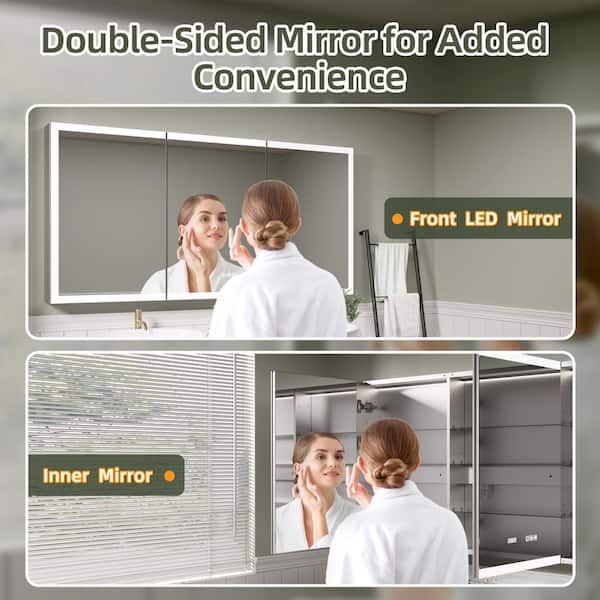 60 in. W x 30 in. H Rectangular Silver Aluminum Recessed/Surface Mount Lighted Medicine Cabinet with Mirror and Clock