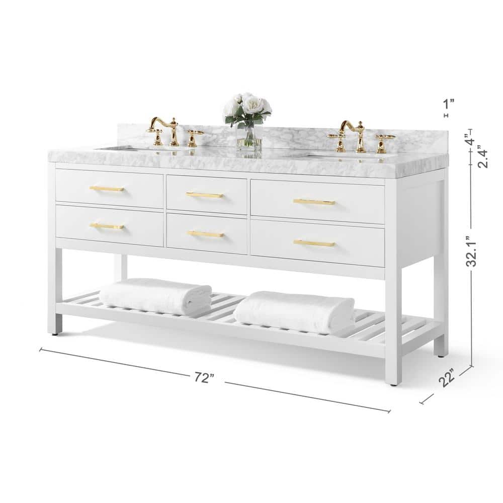 Elizabeth 72" White Double Bathroom Vanity with Gold Hardware