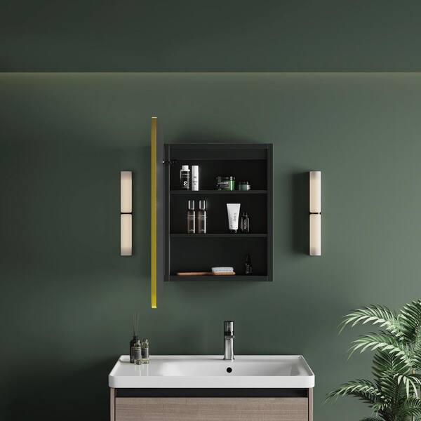 HBEZON Thalia 16 in. W x 28 in. H Rectangular Iron Black Recessed Medicine Cabinet with Mirror, LED Lighting, Anti-fog