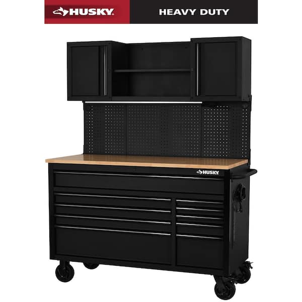 56 in. W x 27.6 in. D 10-Drawer Matte Black Heavy-Duty Mobile Workbench with Pegboard and Top Cabinets