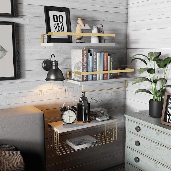 Cubilan 5.9 in. W x 16 in. D White and Gold Wall Mounted Wood Decorative Wall Shelf