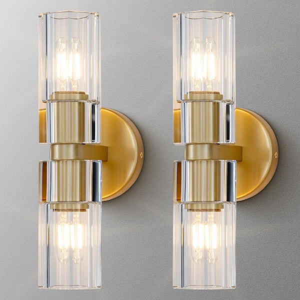 13 in. 2 Light Gold Wall Sconce with K9 Crystal Lampshade, Luxury Wall Light for Bedroom, Dining Room, Set of 2