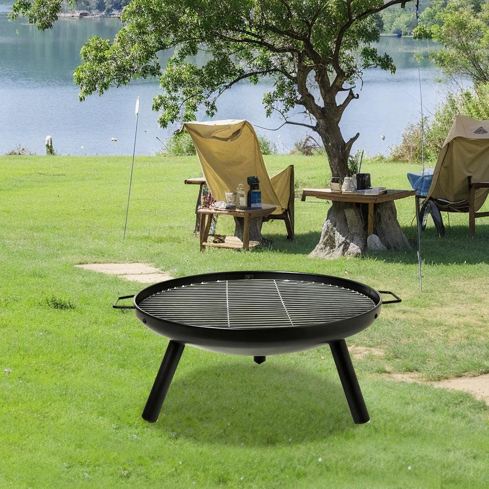23" Black Steel Round Wood Burning Fire Pit with Grill Rack