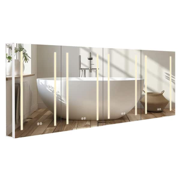 Getpro 80 in. W x 30 in. H Rectangular Aluminum Recessed/Surface Mount White Medicine Cabinet with Mirror and LED Light