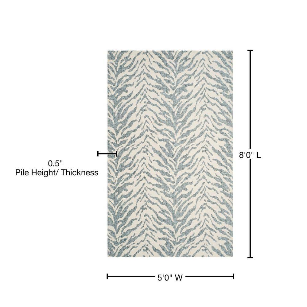 Blue and Ivory Rectangular Wool Chenille Rug, 5' x 8'