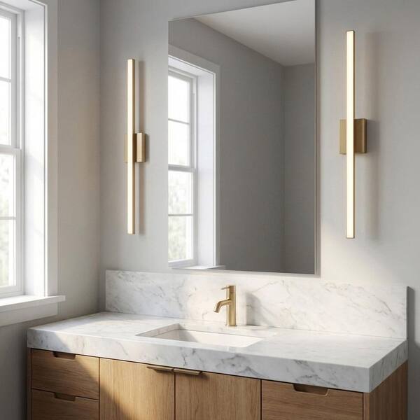 Marque 36 in. W x 4.5 in. H Satin Brass Modern LED Dimmable Bathroom Vanity Light with White Acrylic Shade