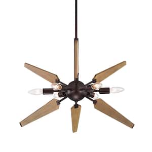 6-Light Wood and Oil Rubbed Bronze Sputnik Chandelier, Mid-Century Modern Ceiling Pendant for Living and Dining Room