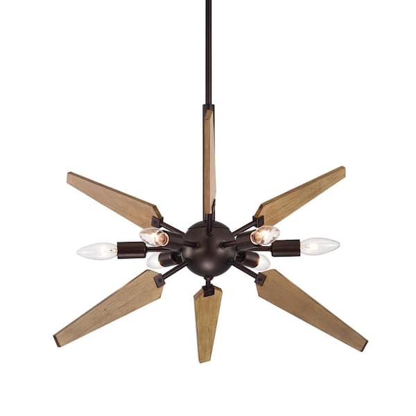 Edvivi 6-Light Wood and Oil Rubbed Bronze Sputnik Chandelier, Mid-Century Modern Ceiling Pendant for Living and Dining Room