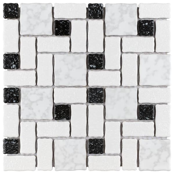Merola Tile Academy White and Black 6 in. x 6 in. Porcelain Mosaic Take Home Tile Sample