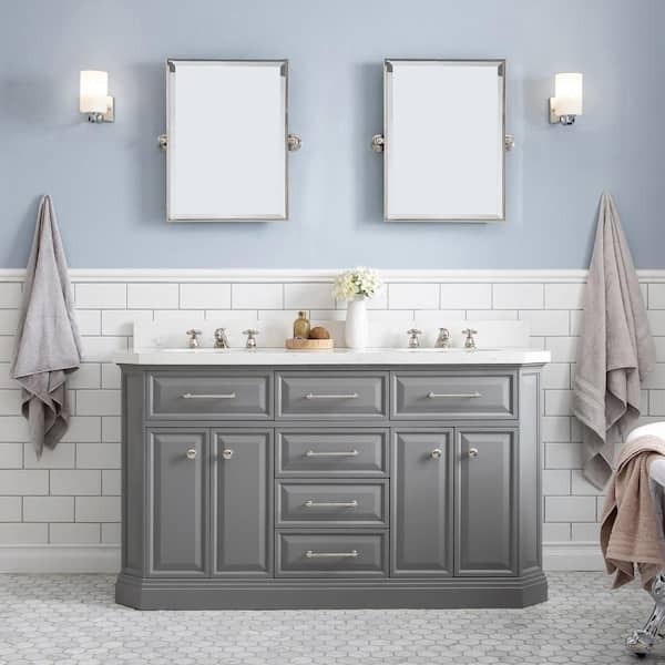 Palace 60 in. W x 22 in. D x 34 in. H Double Sink Bath Vanity in Cashmere Grey with Carrara White Quartz Top