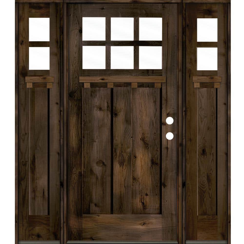 Krosswood Doors 64 in. x 80 in. Craftsman Alder Left Hand Clear 6-Lite  Clear Glass Black Stain Wood Prehung Front Door with Sidelites 