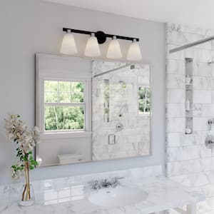 Vermont 32 in. W 4 -Light Matte Black and Nickel Bathroom Vanity -Light Fixture White Glass