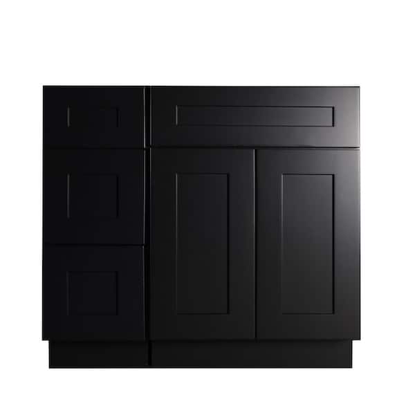 Plywell Shaker 36 in. W x 34.5 in. H x 21 in. D Bath Vanity Cabinet Without Top with 3-Left Drawers in Black Assembled