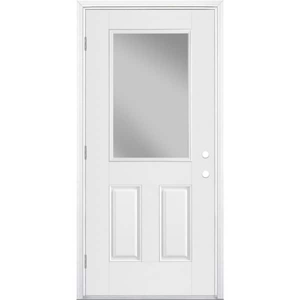Masonite 36 in. x 80 in. Right-Hand/Outswing 1/2 Lite Clear Glass Primed White Smooth Fiberglass Prehung Front Door wBM
