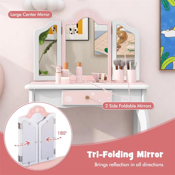 HONEY JOY 2-Piece Wood Top Pink Kids Vanity Table Set Princess