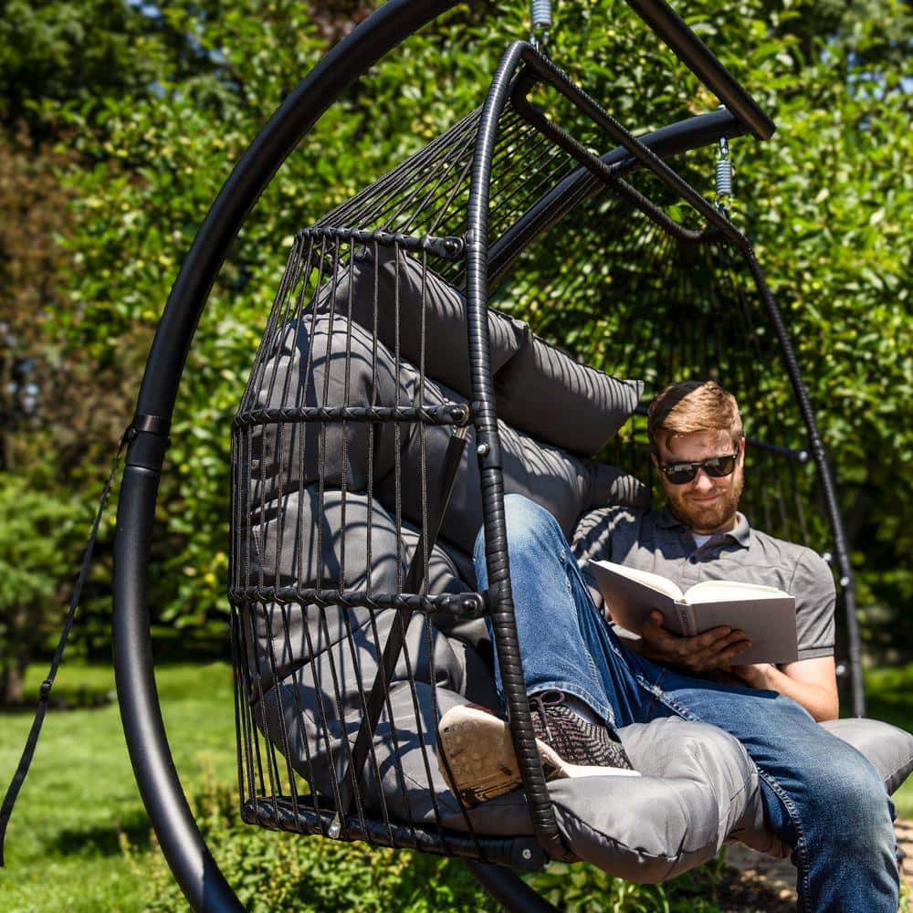 Dark Gray Polyrattan Double Hanging Egg Chair with Cushions