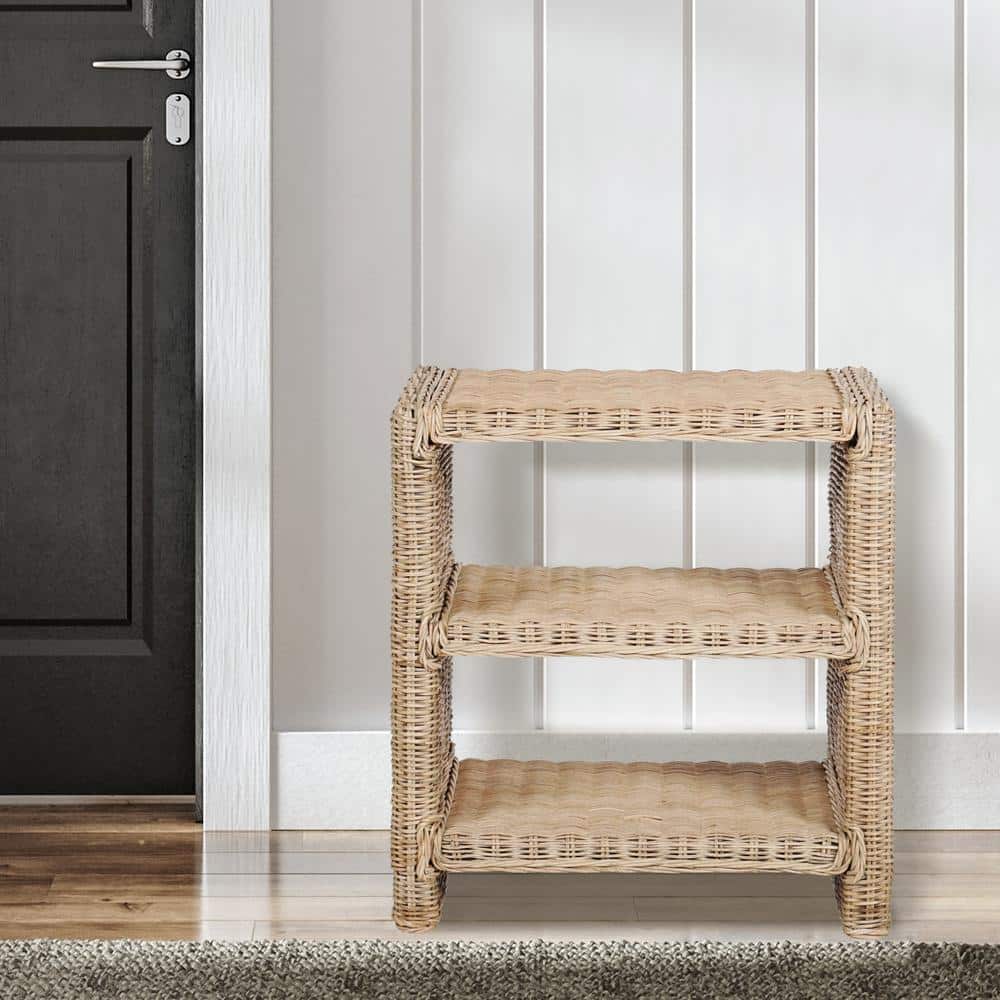 Natural Rattan and Mango Wood 3-Tier End Table