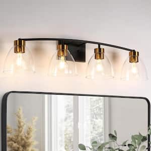 Modern 32.3 in. 4-Light Black and Brass Bathroom Vanity Light with Transitional Bell Clear Glass Shades, LED Compatible