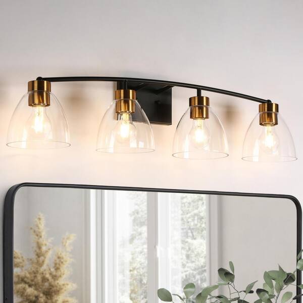 LNC Modern 32.3 in. 4Light Black and Brass Bathroom Vanity Light with Transitional Bell Clear