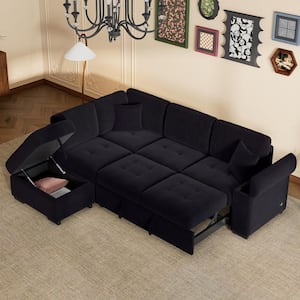 85 in. Black Velvet Twin Size 5-Seat Sofa Bed with Storage Ottoman, Hidden Arm Storage snd USB Charge