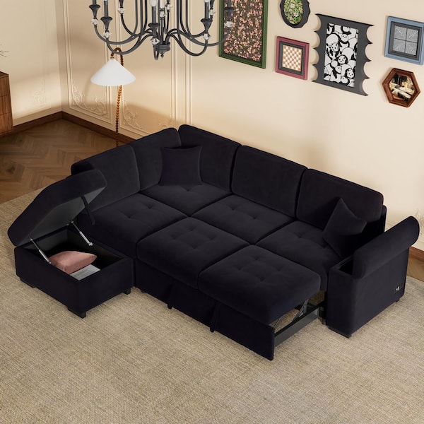 Harper & Bright Designs 85 in. Black Velvet Twin Size 5-Seat Sofa Bed with Storage Ottoman, Hidden Arm Storage snd USB Charge