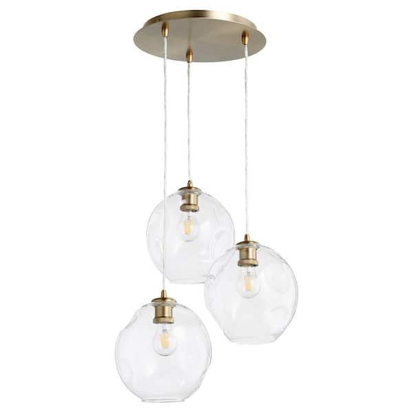 quorum Numen 60-Watt 3 Light Aged Brass Textured Black Cluster Pendant Light with Glass shade and No Bulb included