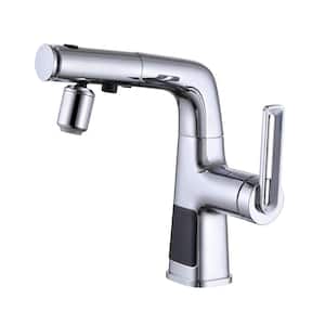 Single Handle Single Hole Bathroom Faucet with Pull Out Sprayer Brass LED Bathroom Sink Vanity Taps in Polished Chrome