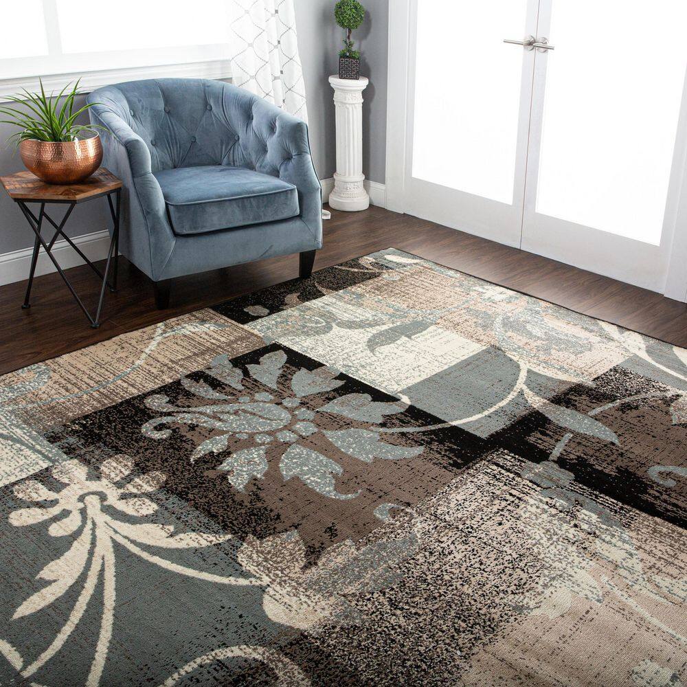 Beige Floral Patchwork Low Pile Area Rug, 6' x 9'