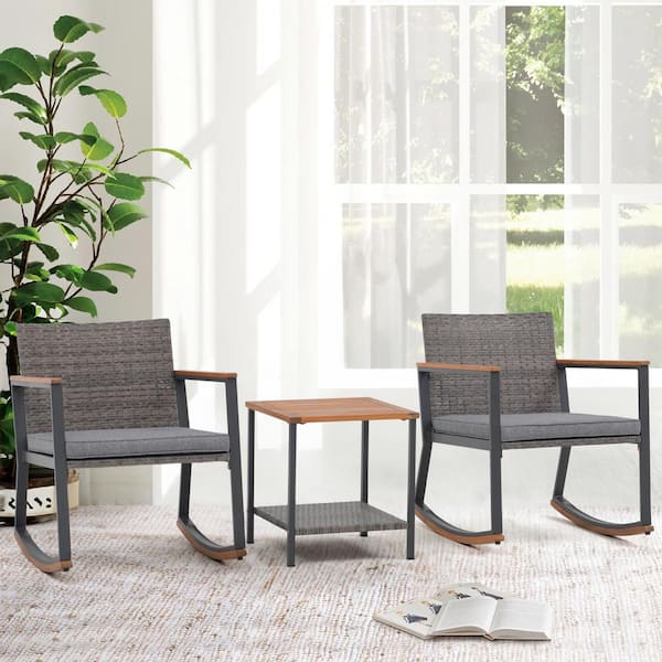 Freestyle 3-Piece Grey Wicker Outdoor Rocking Chair Bistro Conversation Set with Light Grey Cushions
