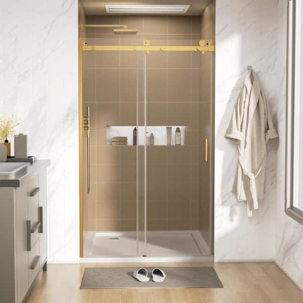 48 in. W x 76 in. H Single Sliding Frameless Shower Door/Enclosure in Gold