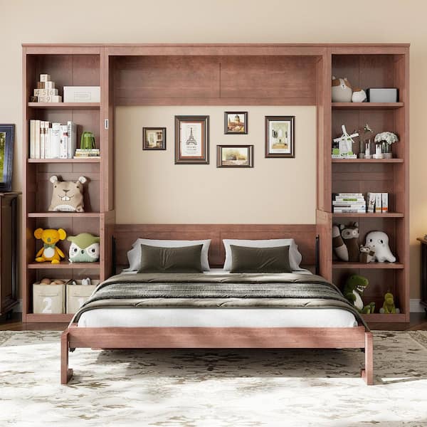 Dark Brown Wood Frame Queen Size Murphy Bed with Desk and Bookshelf