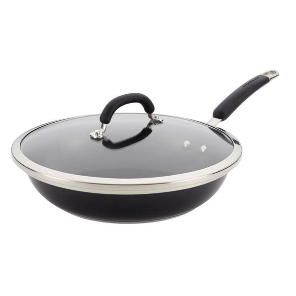 Rachael Ray Stainless Steel Nonstick 12 in. Covered Deep Skillet in Black