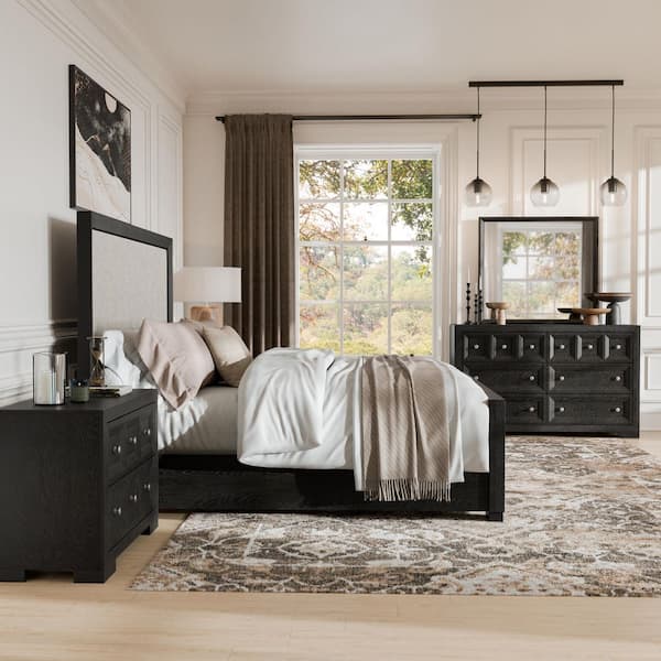 Furniture of America Potra 4-Piece Modern Classic Weathered Black Wood King  Panel Bedroom Set with Oversized Nightstand and Dresser/Mirror ...