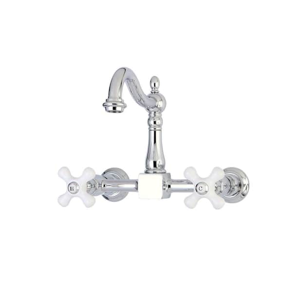 Kingston Brass Victorian Porcelain Cross 2-Handle Wall-Mount Kitchen Faucet in Polished Chrome