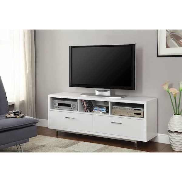 Benjara 60 in. WHITE Wood TV Stand Fits TVs up to 52 in. with Chrome ...