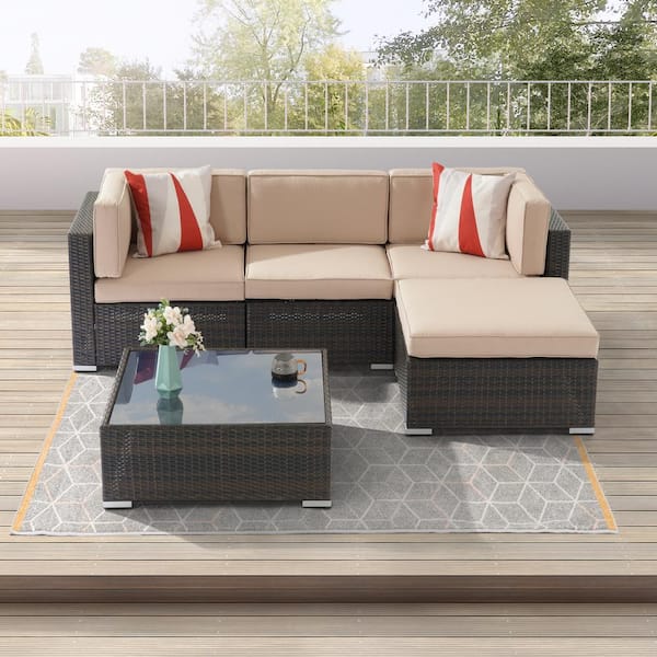 Sonkuki 5-Piece PE Rattan Wicker for Patio Outdoor Sectional Furniture Sets with Oyster White Cushion