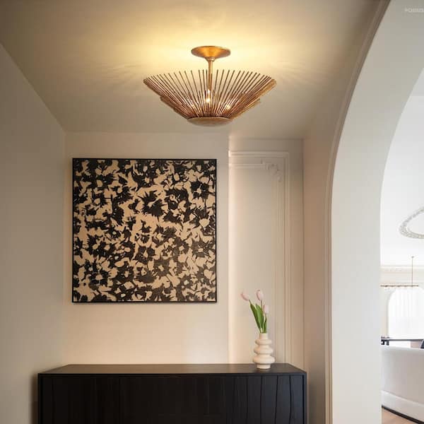 HUOKU Dopul 3-Light 17 in.W Distressed Gold Semi-Flush Mount Cone