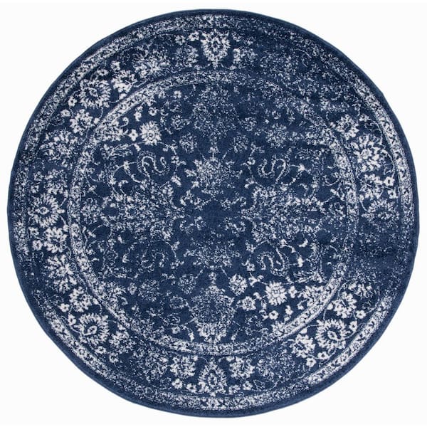 Adirondack Navy/Ivory 10 ft. x 10 ft. Border Distressed Round Area Rug