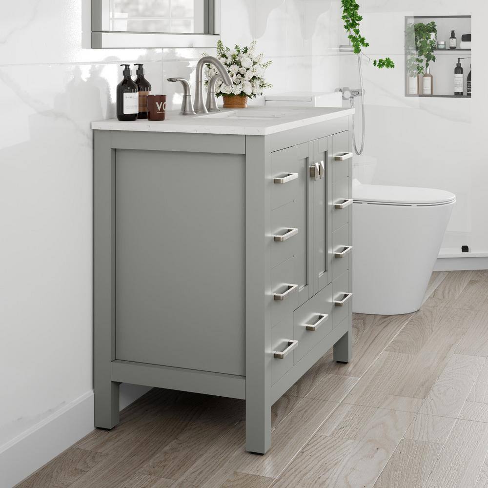 Eviva Hampton 36" Gray Transitional Freestanding Bathroom Vanity with White Carrara Marble Top